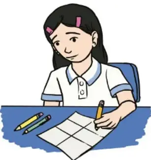 Ilustración de una estudiante sentada escribiendo en una hoja dividida en seis casillas, con lápices sobre el escritorio.