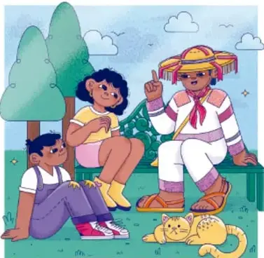 Ilustración de Andrea Vallejo Hurtado (Guanajuato): tres jóvenes sentados en una banca bajo árboles, uno con sombrero, conversando, con un gato amarillo dormido al pie.