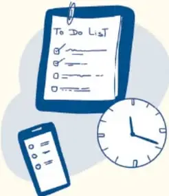 Ilustración de una lista de tareas (To Do List), un reloj y un teléfono celular.