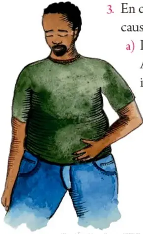 Ilustración en acuarela de un hombre adulto de camiseta verde y pantalón azul con sobrepeso, que se toca la cintura con expresión de cansancio, representando al adulto sedentario. Crédito: Miguel Ángel Luna Vargas, MORELOS.
