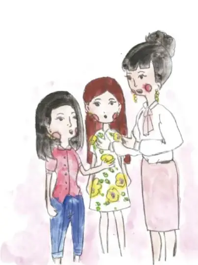 Ilustración a acuarela de tres niñas conversando; una viste de rosa con pantalón azul, otra con vestido amarillo de flores y una tercera con blusa blanca y falda rosa. Firma del ilustrador: Ricardo Álvarez Gutiérrez, Chiapas.