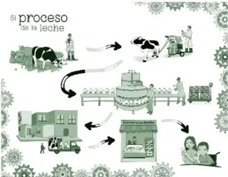 Ilustración en verde titulada 'El proceso de la leche': una vaca siendo ordeñada, personas con cubetas, camión de transporte, planta o fábrica de lácteos con estanterías, tienda que vende leche y una familia consumiéndola; enlaces con flechas y engranajes decorativos.
