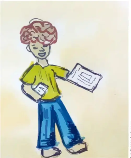 Ilustración de un niño con cabello rizado, playera amarilla y pantalón azul, sosteniendo un cuaderno o cartulina. Representa a un estudiante participando en la campaña escolar.