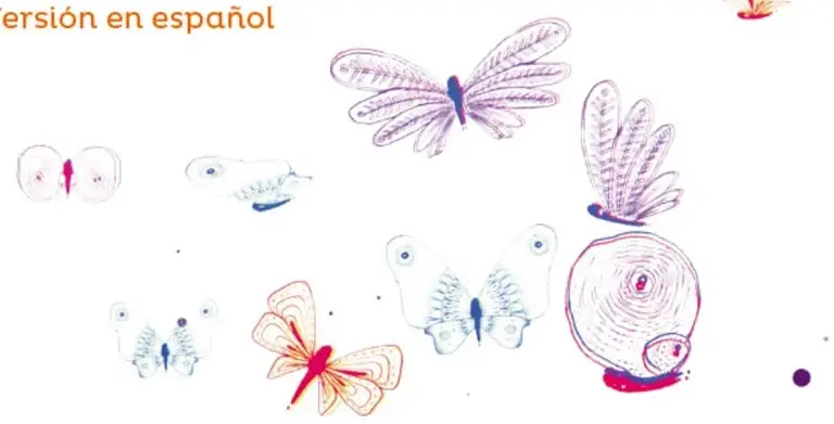 Ilustración de varias mariposas de colores (moradas, azules, rojas) dibujadas al estilo de arte tradicional, con motivos circulares.