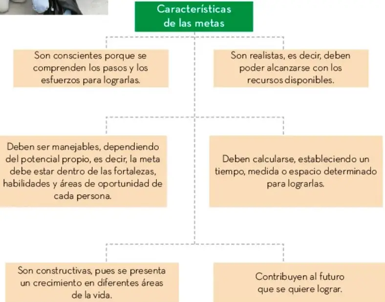 Organizador gráfico con el recuadro central 'Características de las metas' y seis recuadros conectados con líneas punteadas que describen cada característica.