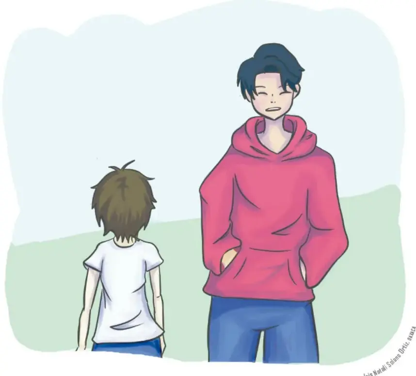 Ilustración de dos personajes: un adolescente de espaldas con camiseta blanca y pantalón azul, y un joven adulto de frente con sudadera rosa y pantalón azul, manos en los bolsillos, sobre un fondo verde y celeste. Créditos: Luis Waddi / Salma Ortiz, 2024.