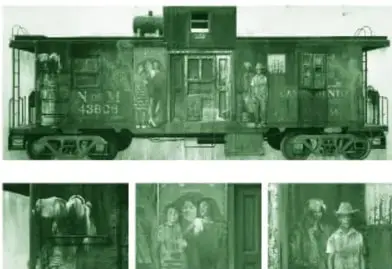 Pintura (impresa en tinta verde) de un vagón de tren antiguo y oxidado con figuras humanas borrosas en sus muros; debajo, tres recuadros con detalles: la mujer con bulto, el grupo con vestidos y el hombre de sombrero.