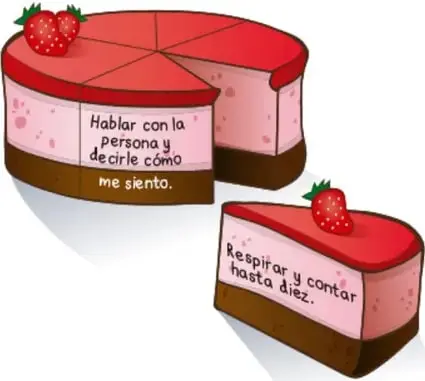 Ilustración de un pastel de fresa dividido en rebanadas; una rebanada dice 'Hablar con la persona y decirle cómo me siento' y otra 'Respirar y contar hasta diez'.