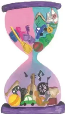 Reloj de arena decorado con objetos como un pincel, un balón, una guitarra y una llave, que representan distintos oficios y actividades.
