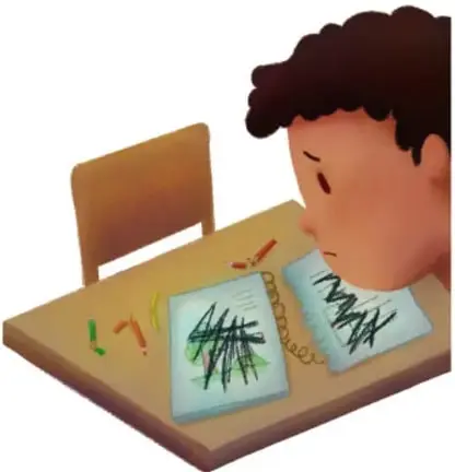 Ilustración de un niño junto a un pupitre con dos cuadernos garbateados con tachones negros, imagen de Karina Enríquez Yépez, Hilos, Mich.