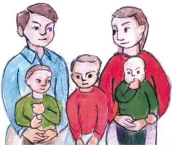 Ilustración circular de dos niños participando en las tareas del hogar (barrer y pintar), con leyenda 'Participar en las tareas del hogar'.