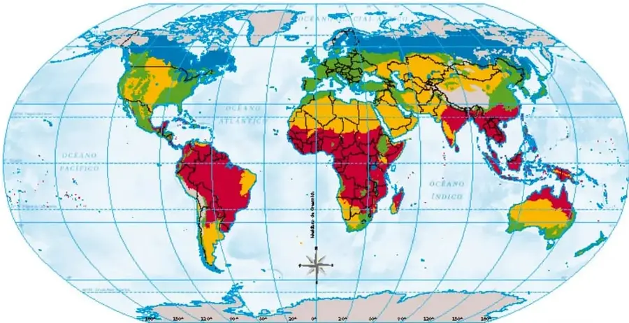 Mapa mundial en proyección Robinson que colorea los climas: tropical, seco, templado, frío y polar, con océanos rotulados, línea del ecuador, rosa de los vientos y escala 1:55 000 000.