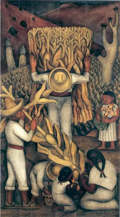 Mural 'La cosecha' (1923) de Diego Rivera: campesinos que cargan grandes mazorcas y las ofrendan, con figuras de espaldas y de perfil.