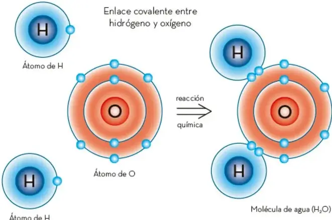 Diagrama del enlace covalente entre hidrógeno y oxígeno: dos átomos de H y uno de O con sus capas de electrones, una flecha de 'reacción química' y la molécula de agua (H₂O) resultante.