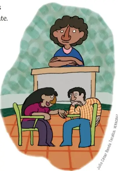 Ilustración de una asamblea escolar: una niña de pie frente a una mesa y dos compañeros sentados escuchando, en un salón con piso de ladrillo.