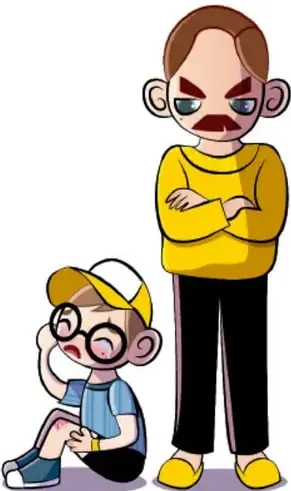 Ilustración de un adulto con expresión de enojo y brazos cruzados junto a un niño sentado en el suelo, con lentes y gorra, secándose las lágrimas. Representa la escena del testimonio de Mateo.