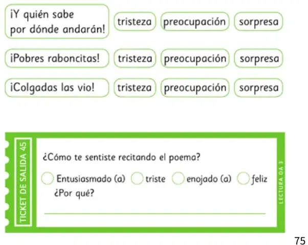 Recuadro verde con el Ticket de salida (Lección 45) que pregunta cómo se sintió el estudiante al recitar el poema, con cuatro opciones y espacio para escribir por qué.