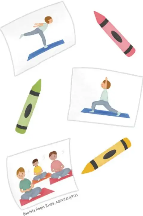 Fotografías e ilustraciones de niños realizando posturas de yoga sobre tapetes, junto con crayones de colores (rosa, verde, amarillo), como ejemplos para el cartel.