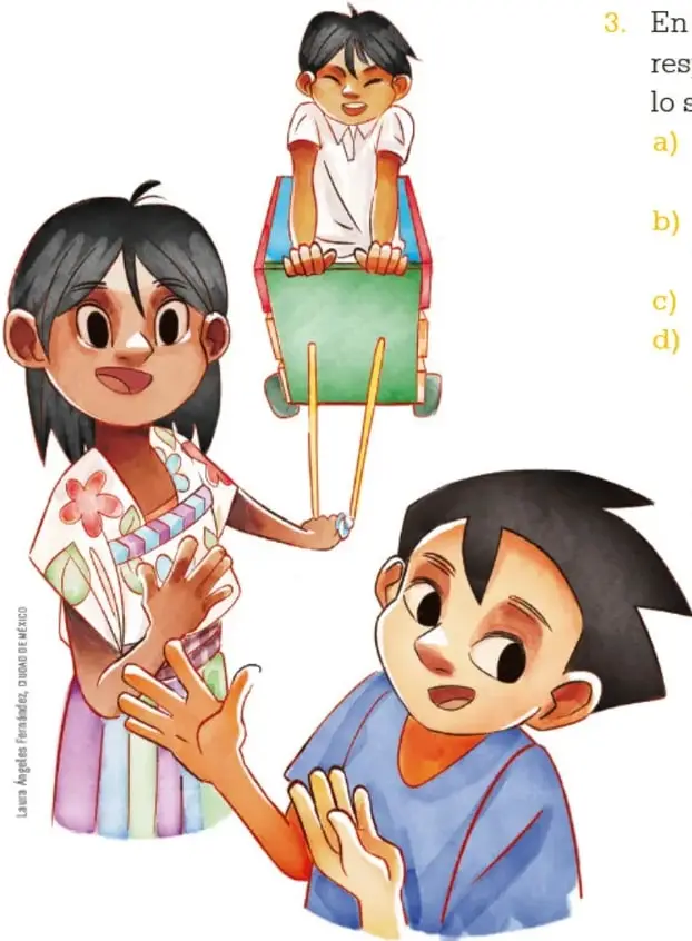 Tres niños: una niña de pie, un niño sentado en un carro verde y otro niño señalando, en actitud de diálogo.
