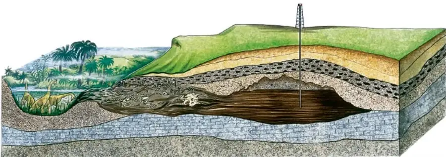 Corte transversal del suelo que muestra capas, vegetación, un pozo o torre de extracción y acumulación de materia orgánica.