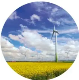 Parque eólico con aerogeneradores sobre un campo amarillo bajo cielo nublado.