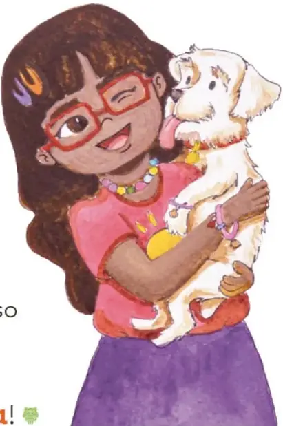 Ilustración de Malli, una niña con lentes y vestido rosa, cargando a su perrito Pulgas.