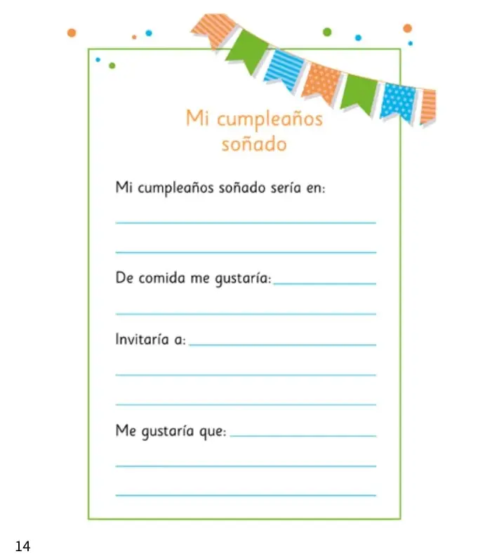 Ilustración de banderines de colores (naranja, verde, azul) colgando sobre el recuadro del formato de escritura.