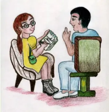 Una niña de lentes con vestido amarillo entrevista a un señor sentado en un sillón; ella toma notas y él habla, de Elizabeth Solis Balderas, TLAXCALA.