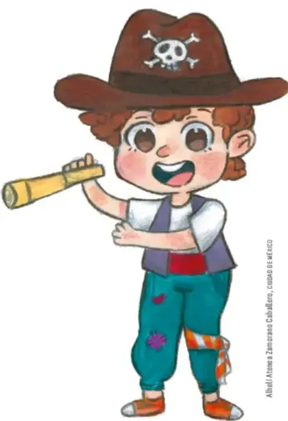 Ilustración de un niño pirata con sombrero de calavera, camisa blanca, chaleco morado, pantalón verde y un catalejo, observando el horizonte.