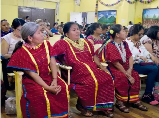 Tela roja con motivos florales blancos bordados, estilo del istmo de Tehuantepec.