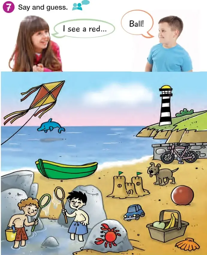 Niña y niño dialogando: la niña dice 'I see a red...' y el niño responde 'Ball!'.