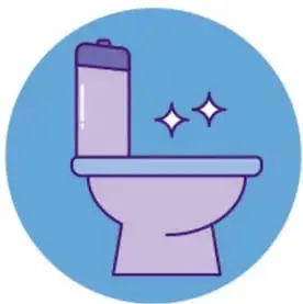 Ilustración circular de un inodoro morado con destellos, representando la limpieza y el uso del sanitario.