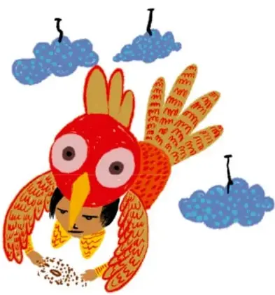 Ilustración de una gallinita roja de colores con alas y ojos grandes, surcada por nubes azules; junto a ella hay semillas cayendo. Pie de foto: 'Cuauhtémoc Wetzka, VERACRUZ'.