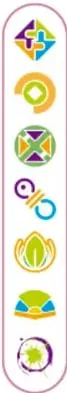 Columna de siete iconos circulares con símbolos de inclusión, pensamiento crítico, interculturalidad, igualdad de género, vida saludable, lectura y artes.