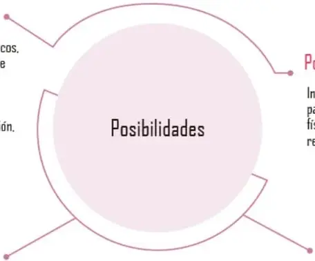 Diagrama circular rosa con la palabra 'Posibilidades' al centro y cinco ramas que conectan con los cinco tipos de posibilidades: cognitivas (izquierda), expresivas (arriba), motrices (derecha), creativas (abajo derecha) y de relación (abajo izquierda).