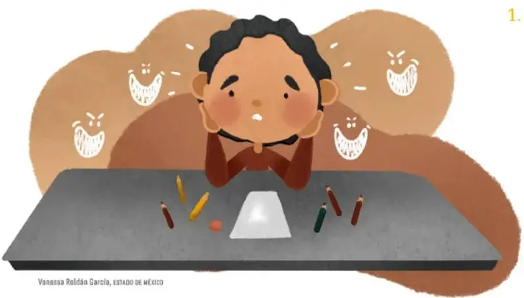 Ilustración de un niño con expresión pensativa, apoyado sobre un pupitre gris con lápices de colores y un cuaderno blanco; a su alrededor hay nubes marrones con símbolos de diálogo. Crédito: Vanessa Roldán García, Estado de México.