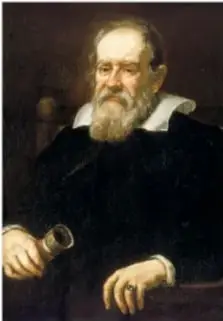 Retrato de Galileo Galilei sosteniendo un telescopio.