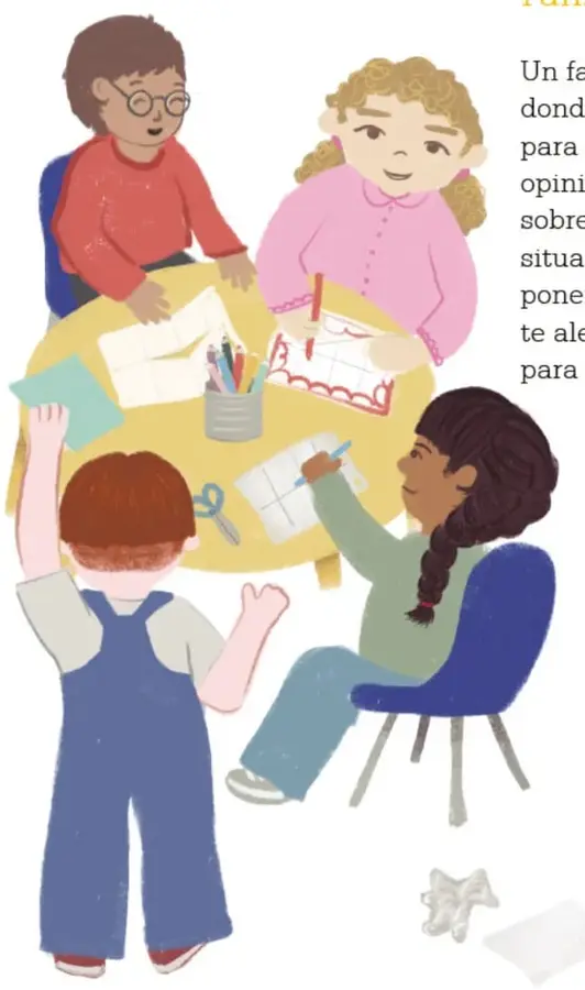 Ilustración de cuatro estudiantes trabajando alrededor de una mesa amarilla con hojas, colores, tijeras y pegamento, elaborando un fanzine.