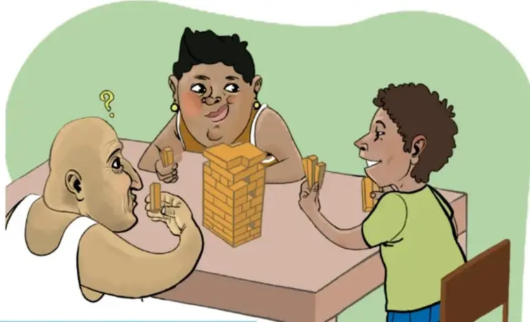 Ilustración de una niña, un adulto mayor y un niño parado en una silla que juegan juntos a las piezas de madera (tipo jenga) en una mesa, divertidos en familia.