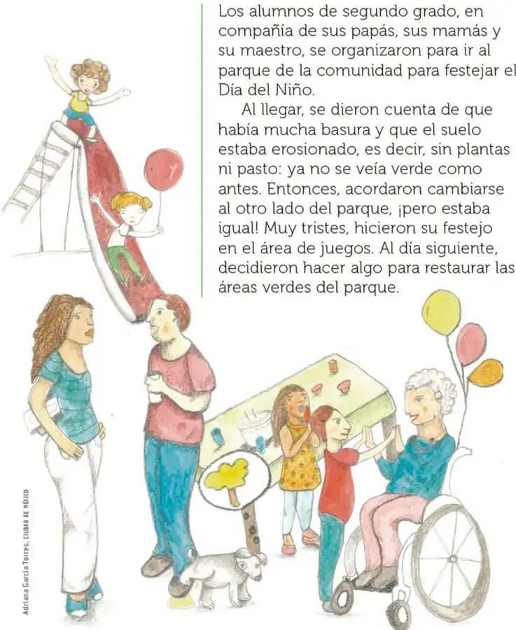 Ilustración acuarela (Adriana García Torres, CUMA de Morelia): niños jugando en un tobogán y con globos, familias conversando, un hombre en silla de ruedas con globos, una niña, una perrita y un señalamiento de un árbol, representando la visita al parque de la comunidad.