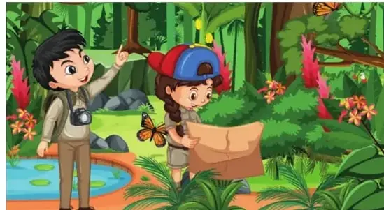 Ilustración de un niño explorador con cámara y una niña con mapa en la selva.