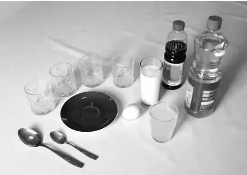 Fotografía de los materiales del experimento: vasos de vidrio, botellas con aceite y leche, plato, cucharas, gotario y un huevo.