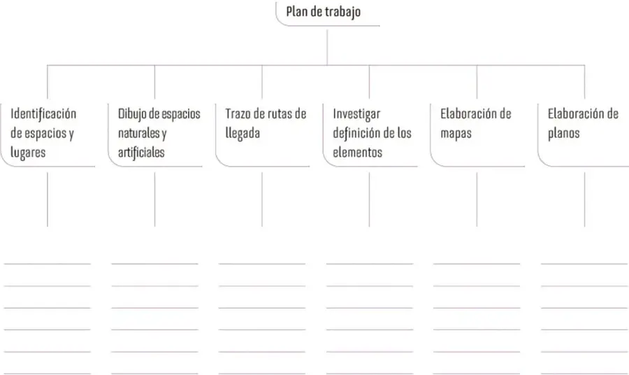 Organizador gráfico con el título 'Plan de trabajo' y seis recuadros con acciones.