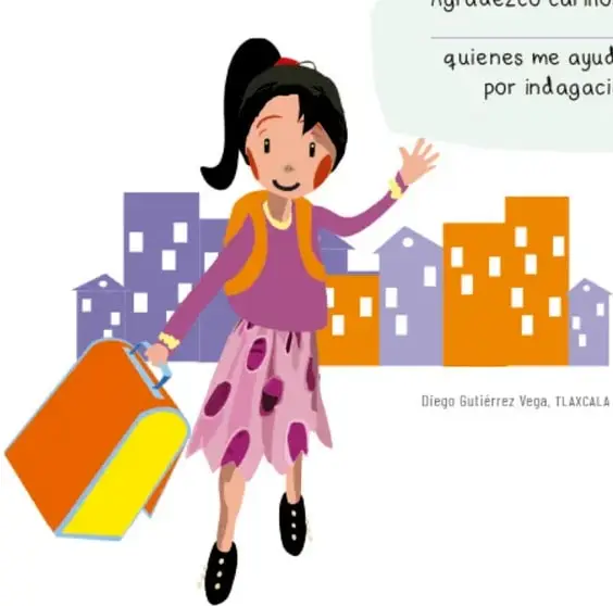 Ilustración de una niña con mochila y lonchera naranja frente a edificios morados y naranjas.
