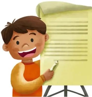 Ilustración de un niño sonriente sosteniendo un rotafolio con una hoja de papel.