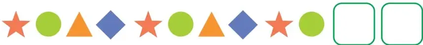 Tira de figuras: estrella roja, círculo verde, triángulo naranjo, rombo azul, repetidas, con dos casillas vacías al final.
