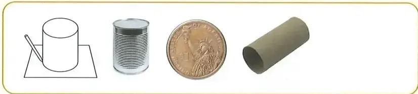 Objetos con bordes circulares, como una lata, una moneda y un tubo, usados como moldes.