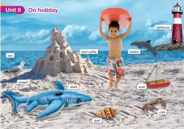 Escena de playa con un niño sosteniendo una tabla de salvamento, castillo de arena, faro, gaviota, tiburón, delfín, barco, concha y cangrejo, etiquetados en inglés: sea, sand castle, lighthouse, dolphin, seagull, shark, boat, shell, crab.