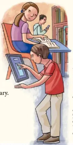 Ilustración de tres estudiantes usando computadoras y tabletas en una biblioteca.