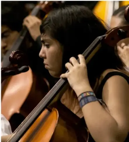 Fotografía de una joven tocando el violín en lo que parece ser una orquesta o ensamble musical, ilustrando el lenguaje artístico musical.